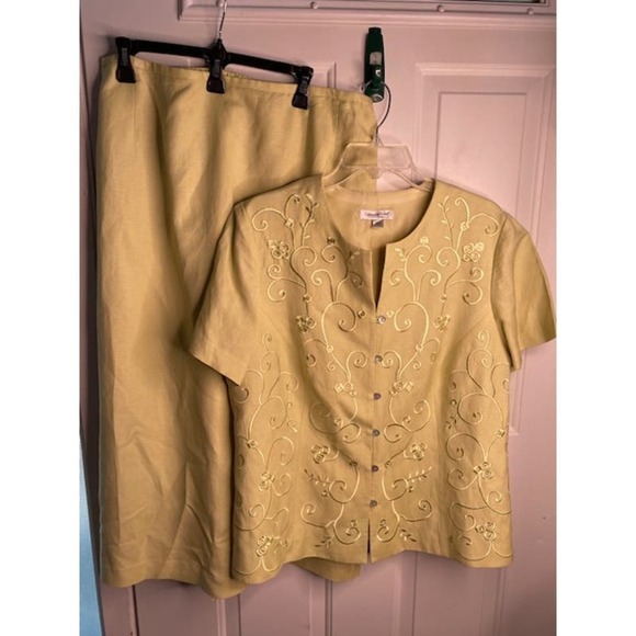 Coldwater Creek Mint Green 2-piece Blazer Skirt Embroidery Sz W18 Linen Blend - Picture 9 of 10